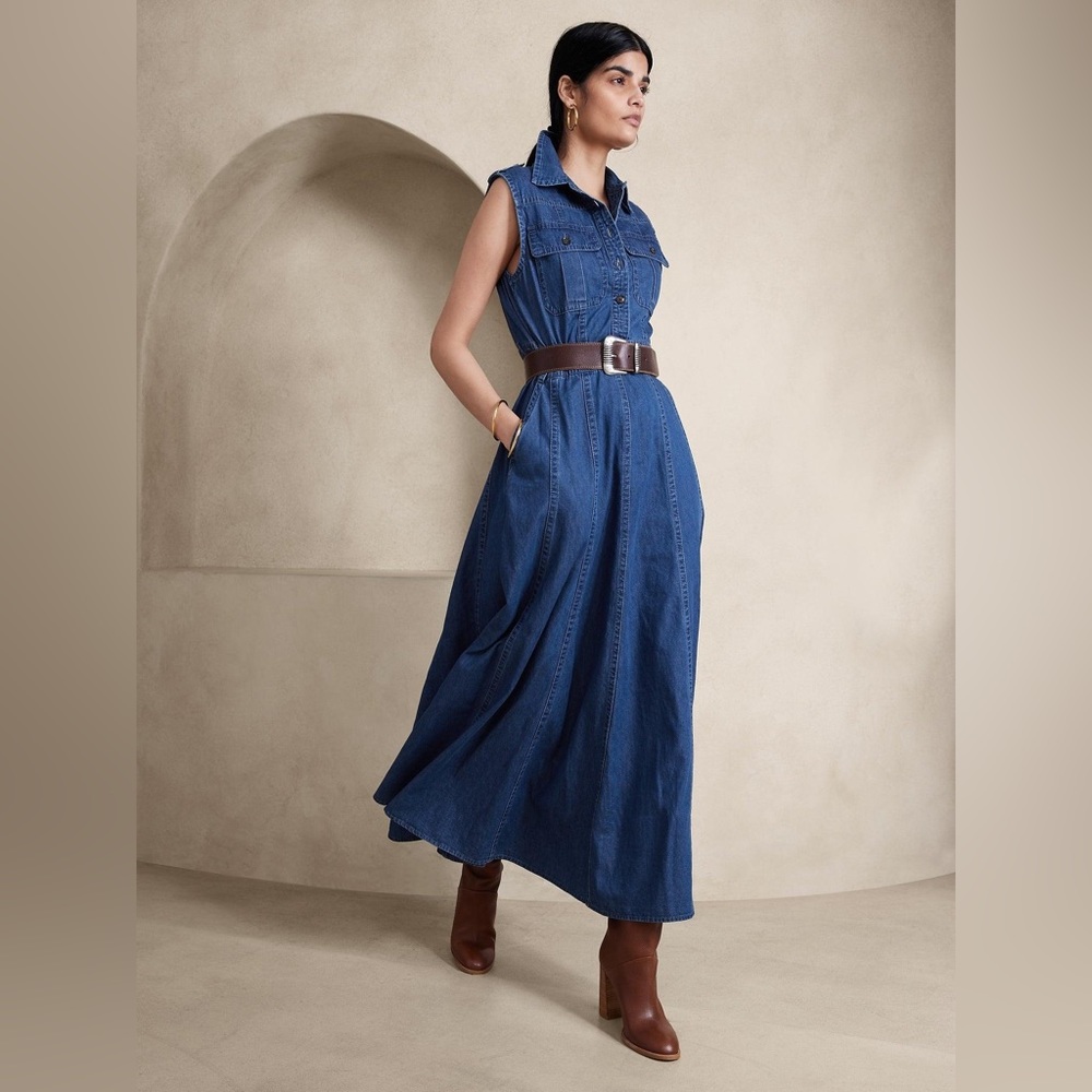 Banana Republic Denim Sleeveless Vivo Maxi Jean Shirtwaist Fit N Flare Dress